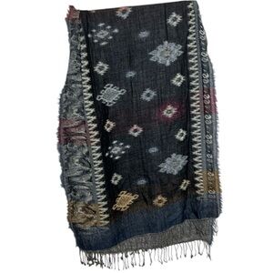 Navy blue Aztec print wool wrap scarf with fringe